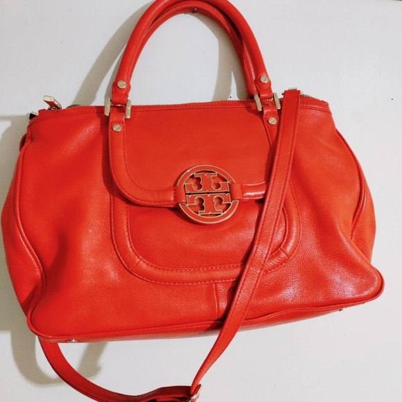 Tory Burch Amanda Orange Leather Logo Satchel Shoulder Bag –With Matching Mirror - Picture 1 of 14